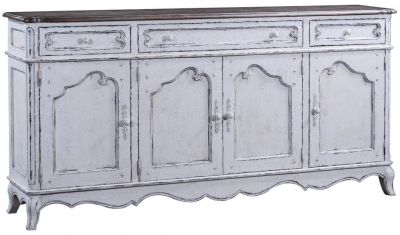 Sideboard French Country Scalloped Raised Panels Antiqued White Walnut 4-Door