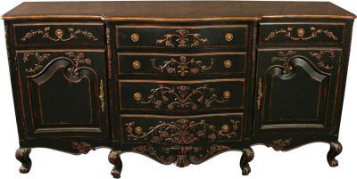Sideboard French Intricate Carved Raised Panels Blackwash 2Door 6Drawer