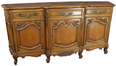 Sideboard Louis XV Rococo French Vintage 1950 Carved Oak 3-Door 3-Drawer