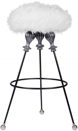 Stool TRISTAN Industrial Dark Pewter Gray Hand-Forged Iron Glass Faux Fur