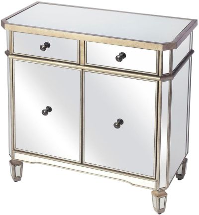 Storage Cabinet Transitional Antique Gold Distressed Zinc Metal Mirror Birch
