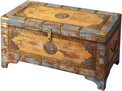 Storage Trunk Vintage Blue Acid Wash Gold Artifacts Distressed Brass Fittings