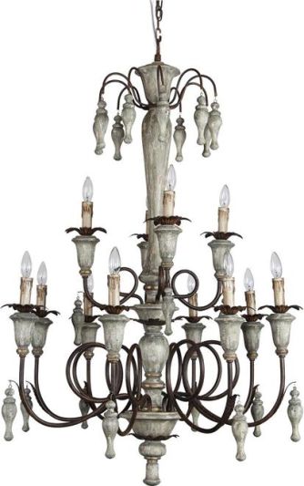 Chandelier Maya Large French Ivory White Wood Iron 12-Light Terracotta Lighting