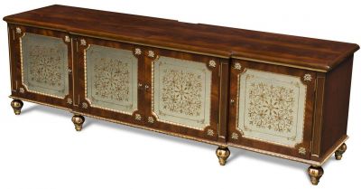 TV Console Scarborough House Crotch Mahogany Gilt Hand-Painted Silvered Glass