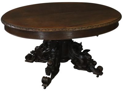 Table Antique French Hunting Renaissance Oak 1880 Pedestal Ornate Carved Beasts