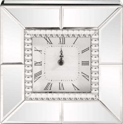 Table Clock Mantel HOWARD ELLIOTT Square Frame Beaded Trim Glass Polished