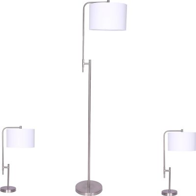 Table Floor Lamp Transitional Drum Shade Round Base Silver Off-White Set 3
