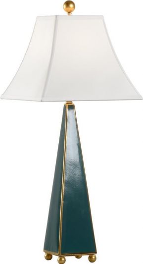 Table Lamp Ball Feet Pyramid 1-Light Green Metallic Gold Glaze Off-White Shade