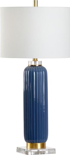 Table Lamp Contemporary Fluted Drum Shade 1-Light Blue Glaze Gold Accents