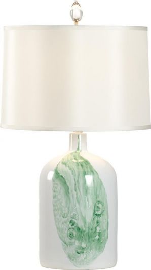 Table Lamp LONGWOOD Leaf Vase 1-Light Green White Glaze Off-White Shade Ceramic