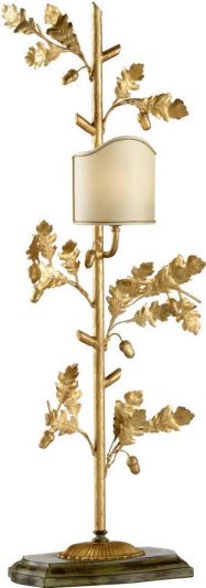 Table Lamp Oak Leaf Left 1-Light Green Gold Ivory Iron Paper Shade Bronze