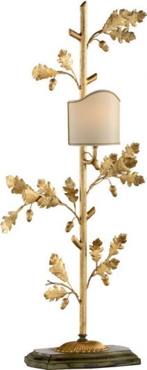 Table Lamp Oak Leaf Right 1-Light Green Gold Ivory Iron Paper Shade Bronze