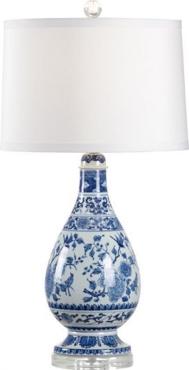 Table Lamp PILGRIM Vase 1-Light Off-White Shade Blue White Glaze Ceramic