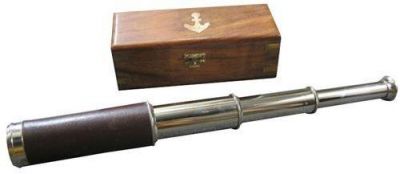 Telescope Traditional Antique Black Shiny Brass Solid Rosewood Wood Box Leather