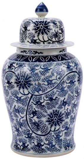 Temple Jar Vase Peacock Lotus XL White Blue Colors May Vary Pine Cream Gray