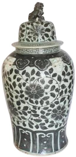Temple Jar Vase Vine Floral Lion Lid Black Ceramic Handmade Hand-Cr