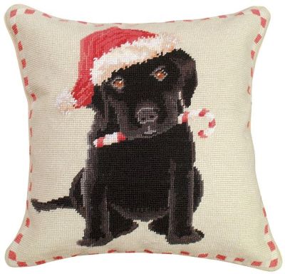 Throw Pillow Christmas Candy Cane Black Lab Puppy Dog Holiday 16x16 Red
