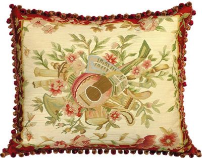 Throw Pillow Music 28x24 24x28 Cream Maroon Red Aubusson Tapestry Silk Threads