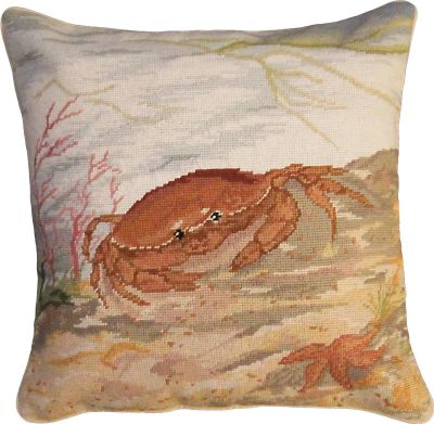 Throw Pillow NAUTICAL Needlepoint Sea Star Crab Ocean 18x18 Beige Velvet Back