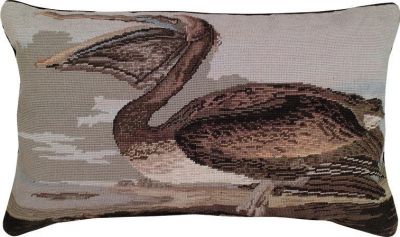 Throw Pillow Needlepoint Brown Pelican Bird 16x28 28x16 Cotton Velvet Back Wool