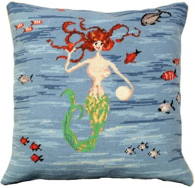Throw Pillow Needlepoint Mermaid 18x18 Deep Blue Wool Cotton Velvet Back