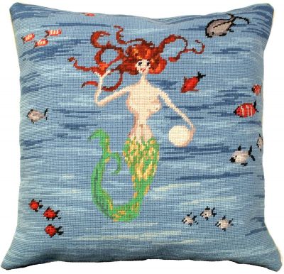 Throw Pillow Needlepoint Mermaid 18x18 Deep Blue Wool Cotton Velvet Back