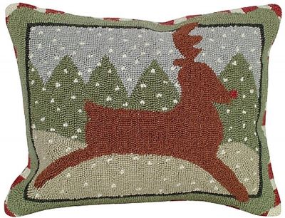 Throw Pillow Needlepoint Reindeer Christmas Winter 16x20 20x16 Green Back Wool