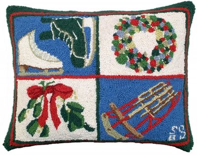 Throw Pillow Needlepoint Skates and Sled 16x20 20x16 Wool Cotton Velvet Back