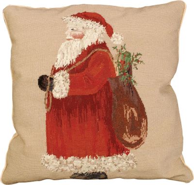 Throw Pillow Petit Point Santa Christmas Holiday 18x18 Cotton Velvet Back Down