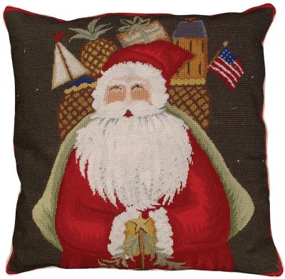 Throw Pillow Petit Point Santa With Gifts Center 18x18 Coffee Brown Cotton