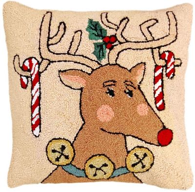 Throw Pillow Reindeer and Candy Cane Christmas Holiday 20x20 Beige Cotton