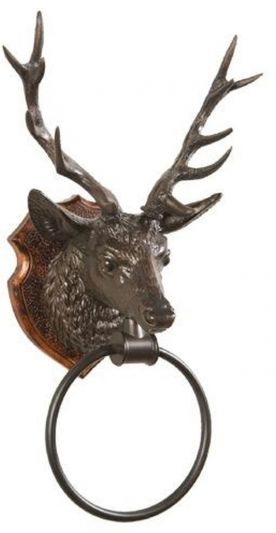 Towel Ring Bar Stag Head Deer Chocolate Brown Cast Resin Hand-Painted Hand-Cast