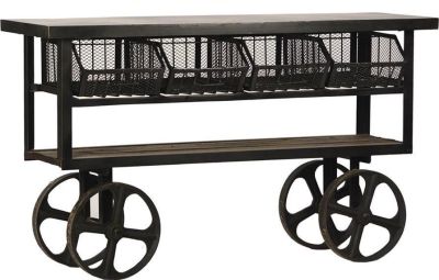 Trolley Bar Cart Industrial Distressed Antiqued Steel Reclaimed Wood Shelf
