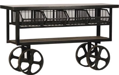 Trolley Cart Industrial Distressed Antiqued Reclaimed Wood Shelf Wire Baskets