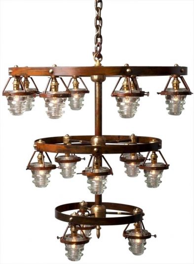Upcycled Vintage Glass Chandelier, 21 Insulator Lights Clear/Blue, 3-Tier Metal
