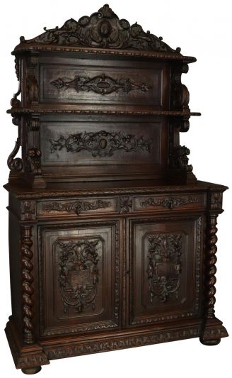 Vaisselier Antique French Hunting Heavily Carved Barley Twists Server Cabinet