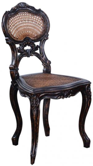 Vanity Chair Louis Rococo Serpentine Carved Wood, Antiqued Black, Cane Rattan