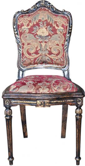 Vanity Chair Suzanna Antiqued Gold Leaf Wood, Carved Legs, Red Upholstered