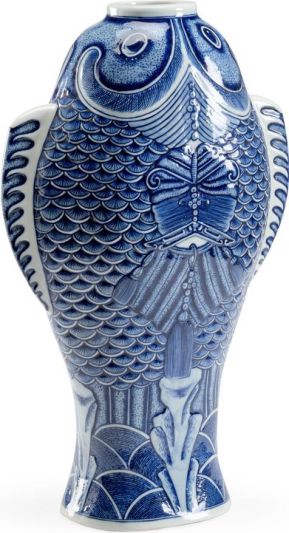 Vase Fish Blue White Ceramic Hand-Painted Painted