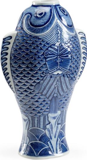 Vase Fish White Blue Black Brass Cream Pine Gray White/Cream Ceramic