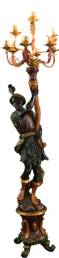 Venetian Blackamoor Floor Lamp, HandCarved Wood, Brightly Painted Torchiere