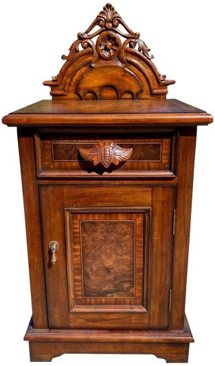 Victorian Nightstand Carved Mahogany, Burl Inlay Wood, 1-Door 1-Drawer
