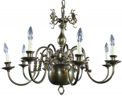 Vintage Chandelier 1950 Flemish 8 Arms, Brass Tone Metal, Jesters Faces