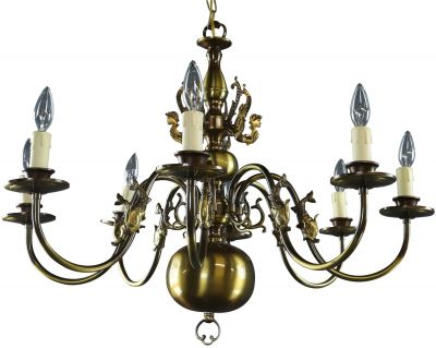Vintage Chandelier Flemish Fish 8-Light 8-Arm Brass Metal