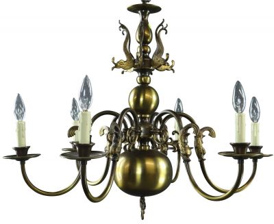 Vintage Chandelier Flemish Metal Fish 6-Light 6-Arm Antiqued Brass 1950