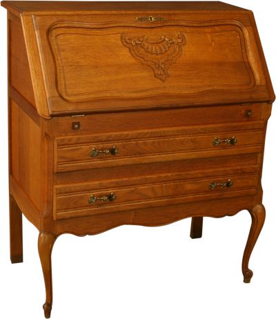Vintage French Country Carved Oak Secretary, Golden Oak Finish