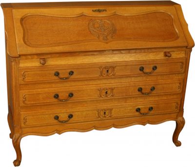 Vintage French Secretary Desk, Quartersawn Golden Oak, Carved, Louis XV Style