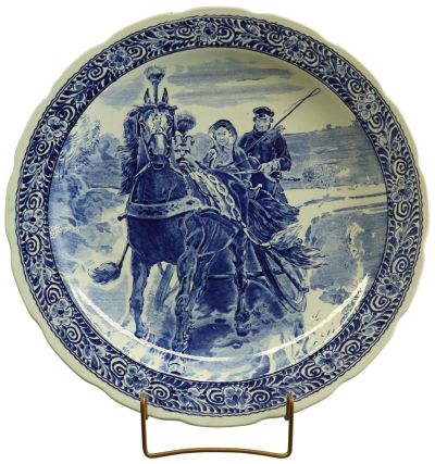 Vintage Plate Boch Royal Sphinx Blue Delft Carriage Large White Ceramic