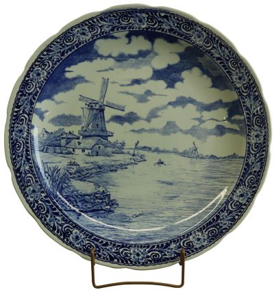 Vintage Plate Boch Royal Sphinx Signed Chattel Blue Delft Windmill White