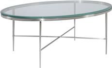 Oval Coffee Cocktail Table, Polished Nickel, Beveled Glass, Modern, Contemp